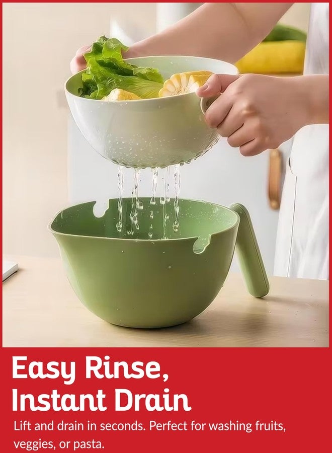 Boxiki Kitchen سلة تجفيف متعددة الوظائف - مصفاة ووعاء مزدوج الطبقات للفواكه والخضراوات - متينة وخالية من مادة BPA، وآمنة للغسل في غسالة الأطباق (لون أخضر أفوكادو) - Image 2