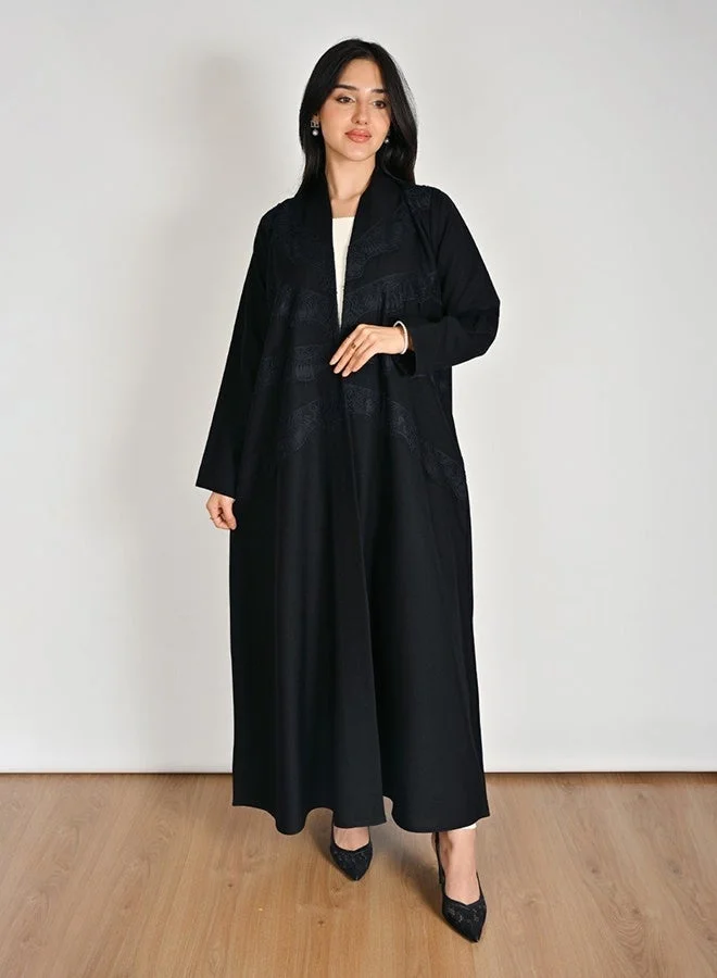 Hawraa Abaya Women's Black Wrap Abaya with Lace Detailing