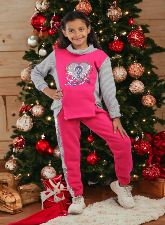 Girls' Cotton Melton Stripe Pajamas, Embroidered with Heart Pattern, for 10-Year-Olds, for the 2024 Season, High-Quality Fabric and Super Soft Materials, Stylish Models in Fun and Attractive Colors, O