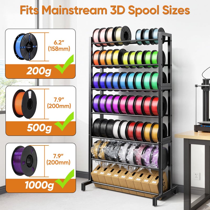 POKIPO 3D Printer Filament Storage Rack 7-Tier, Heavy Duty Large Capacity Filament Organizer Holds up to 63 Spools, Multi-Layer 3D Printing Rolls Shelf for Home, Office Workshop, School (Shelf Only) - Image 3