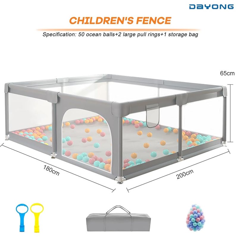 DAYONG Baby Playpen,Toddlers Playpen Fence,Kids Activity Center with Anti-Slip Base,Indoors Outdoors Baby Playard with 50Pcs Ocean Balls with Playmats (Grey, 180 * 200CM) - Image 2