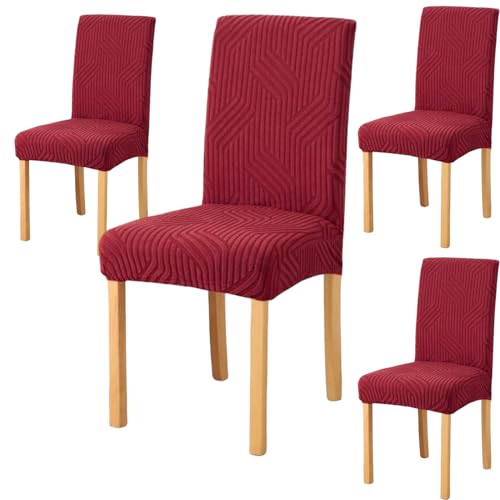 Styleys Elastic Chair Cover Stretch Removable Washable Short Jacquard Dining Chair Cover Protector Seat Slipcover (Pack of 4, Red, JTMC5) - Image 1