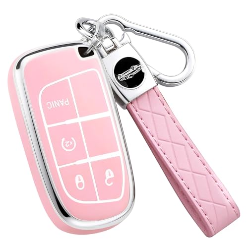 AAWQVRG Key Fob Cover for Jeep - Premium Soft TPU Shell Full Protection Case with Keychain, Fits Grand Cherokee Compass Renegade Chrysler Dodge RAM Durango Challenger Journey Dart Fiat, Pink, 4-Button - Image 1
