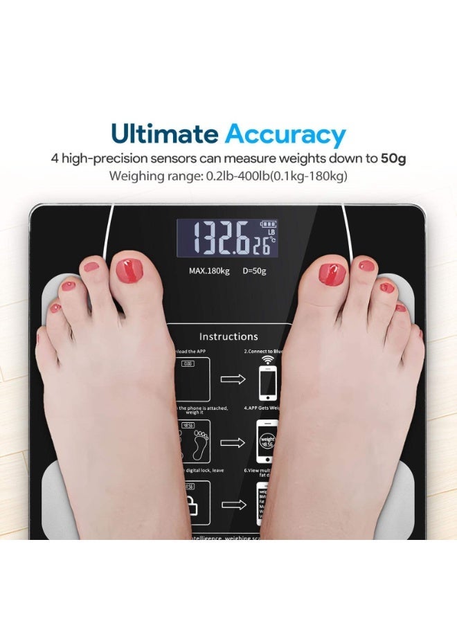 OMG Weight Scale with BMI & Body Composition Analysis, Digital Bathroom Weighing Scale, 180kg Capacity, Tempered Glass, LCD Display, Fitness Health Monitor, Black - Image 1