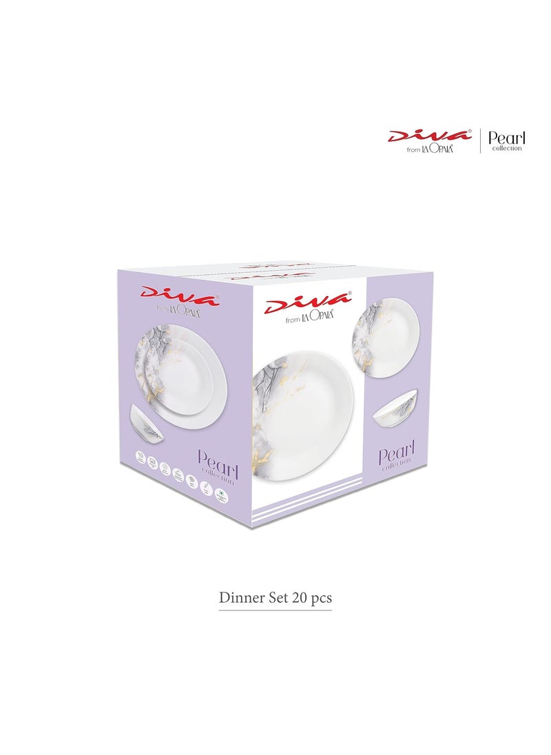 La Opala - Diva by La Opala, Pearl Collection, Opal Glass Dinner Set 20 pcs, Zen Garden, White - Image 1