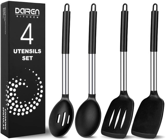 PACK OF 4 LARGE SILICONE COOKING SPATULAS AND SPOONS SLOTTED AND SOLID STAINLESS STEEL COOKING UTENSILS SET NONSTICK HEAT RESISTANT KITCHEN FOR BAKING FRIED STIRFRY MIXING SERVING BLACK