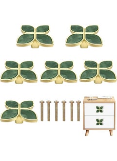 The Bros Knobs Four-Leaf Clover Brass Pulls Handles, Gold Knobs Dresser Knobs Clover Cabinet Handles with Screws for Dresser Drawers Kitchen Cabinet (Green, 6 pcs)  - Image 1