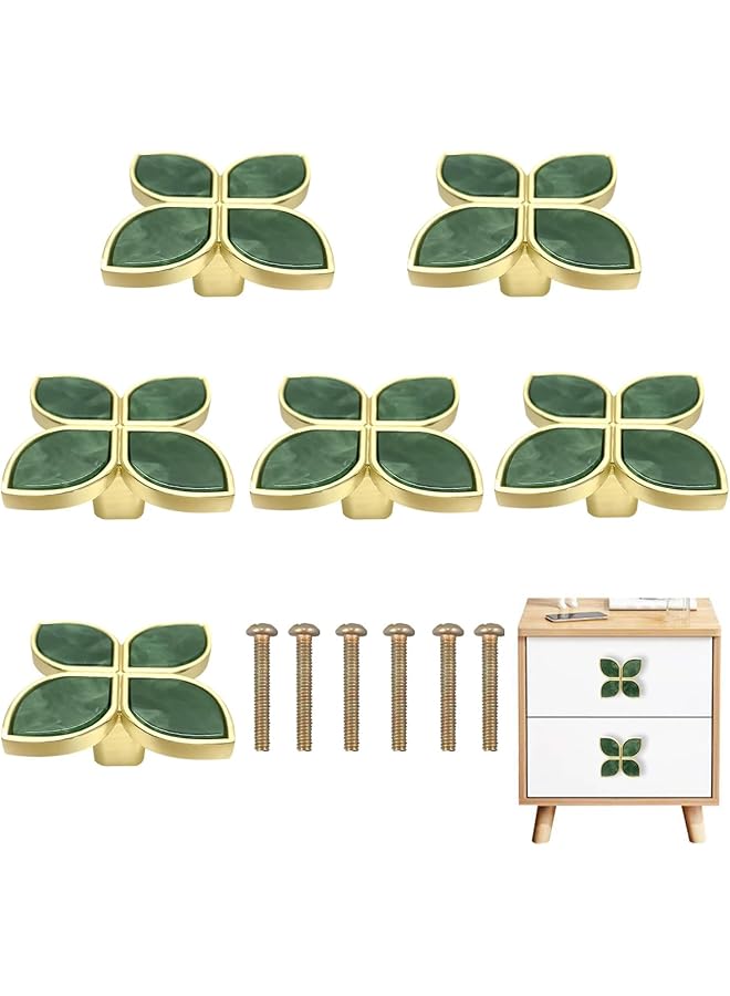 The Bros Knobs Four-Leaf Clover Brass Pulls Handles, Gold Knobs Dresser Knobs Clover Cabinet Handles with Screws for Dresser Drawers Kitchen Cabinet (Green, 6 pcs) - Image 1