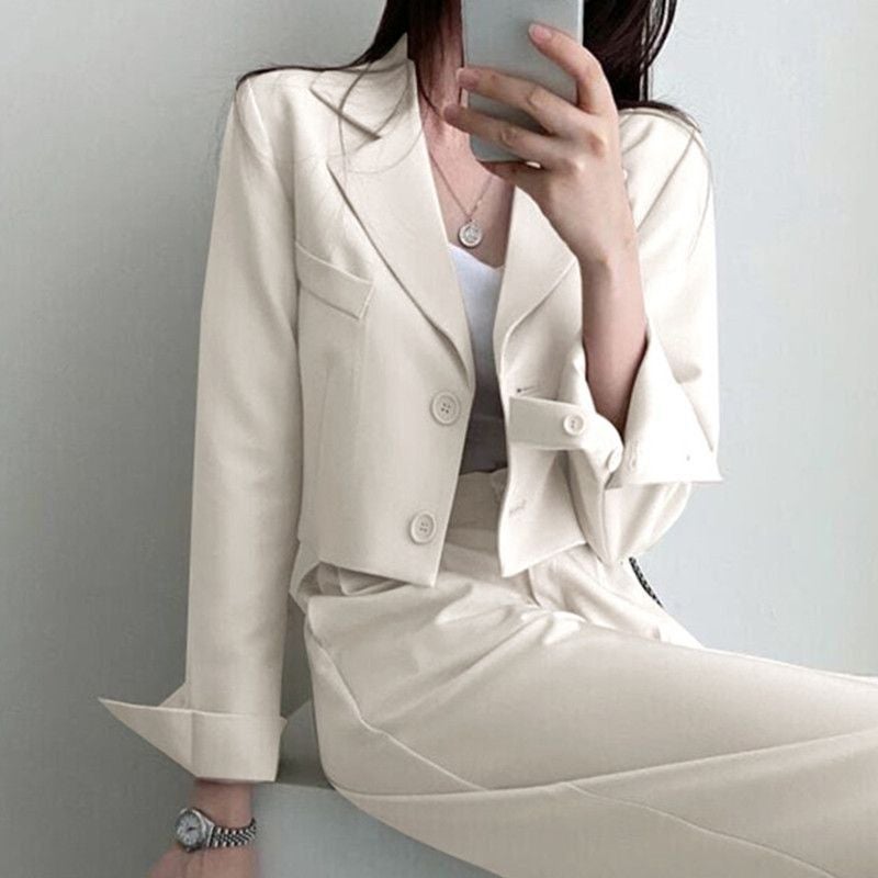 Korean Style Lapel Small Suit Long-Sleeved Short Jacket + High-Waisted Wide-Leg Floor-Length Suit Suit Female Stewardess Uniform - Image 1