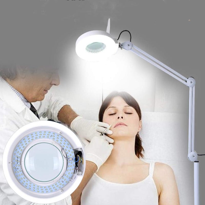 woobles 5X LED Magnifier Lamp Light with Rolling Floor Stand,Adjustable Swivel Arm Floor Mag Light for Beauty Salon Spa - Image 1