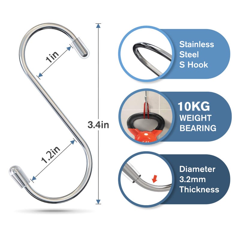 Myfolrena 20 Pack S Hooks for Hanging, 3.4 Inch Metal S Shaped Hook Heavy Duty Hanging Hooks for Pots, Pans, Plants, Bags, Cups, Clothes (Silver) - Image 3