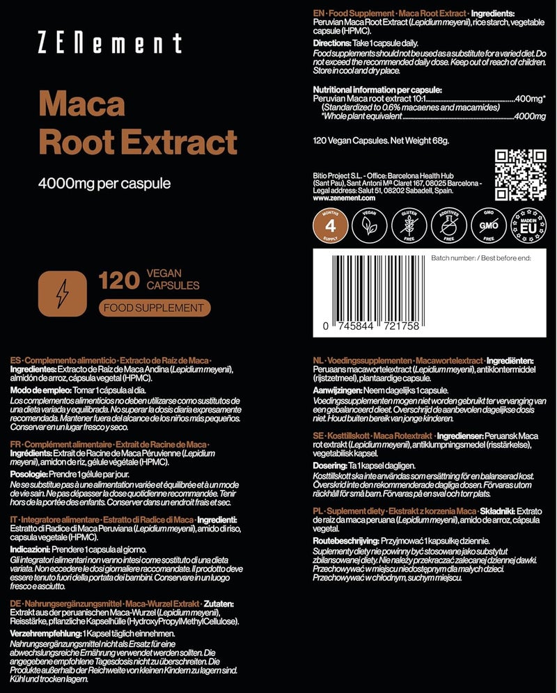 Zenement Peruvian Maca Root Extract Standardised to Macaenes and Macamides 4000 mg Whole Plant per Capsule for Men and Women 120 Vegan Capsules 4Month Supply Zenement - Image 4