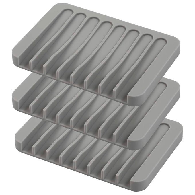 SELF DRAINING SOAP DISHES 3 PCS SILICONE SOAP SAVER WATERFALL DRAINER SOAP HOLDER FOR BATHROOM EXTEND SOAP LIFE KEEP SOAP BARS DRY CLEAN EASY CLEANING GRAY