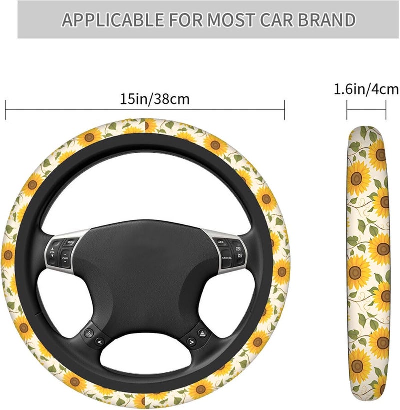 Swono Steering Wheel Cover for Men Women Sunflower Vintage Sunflower and Green Leaves Yellow Universal 15 Inch Anti-Slip Odorless Breathable Car Wheel Protector - Image 3