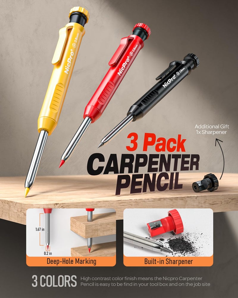 Nicpro أقلام نجارة ميكانيكية من نيكبرو 18 عبوة، أقلام بناء مع 60 إعادة تعبئة، أداة ثقب مركزية أوتوماتيكية وأداة نقش كربيد، قلم ميكانيكي 2.0 مم للأعمال الخشبية، أفضل أداة لتحديد النجارة - Image 4