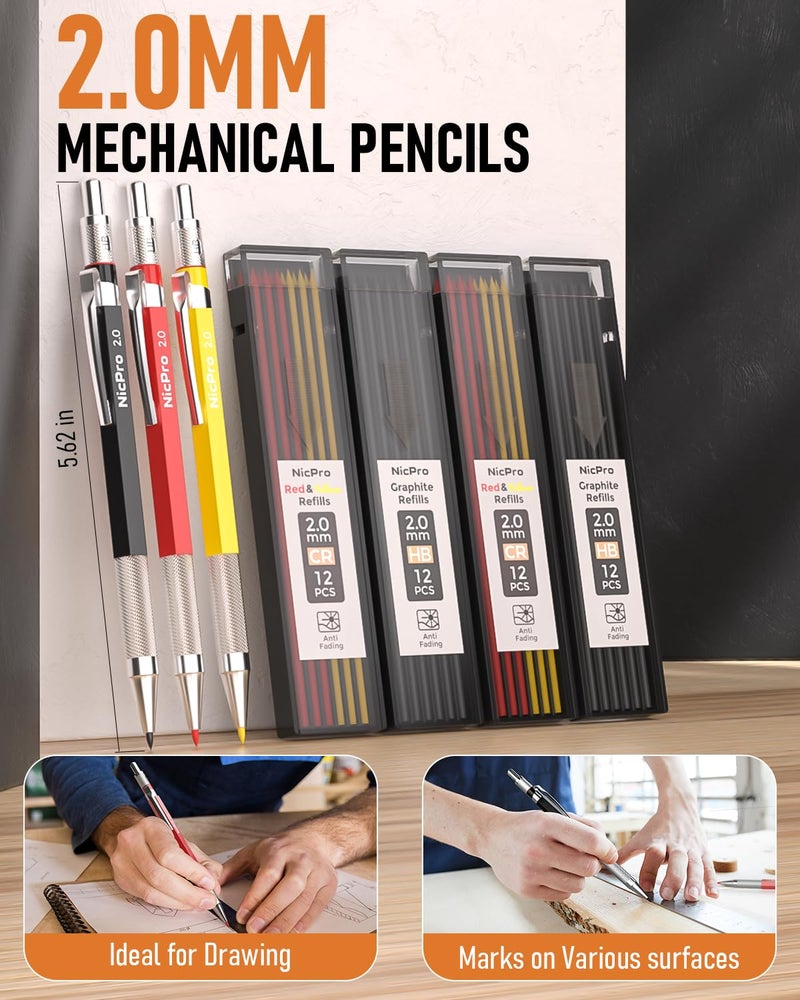Nicpro أقلام نجارة ميكانيكية من نيكبرو 18 عبوة، أقلام بناء مع 60 إعادة تعبئة، أداة ثقب مركزية أوتوماتيكية وأداة نقش كربيد، قلم ميكانيكي 2.0 مم للأعمال الخشبية، أفضل أداة لتحديد النجارة - Image 2
