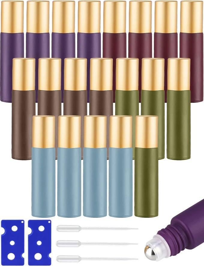 10ML COLORFUL ESSENTIAL OIL ROLLER BOTTLES WITH STAINLESS STEEL BALLS 20-PACK, ULTRA THICK ROLLER BOTTLE FOR OIL WITH OPENER AND DROPPERS (5 COLORS)
