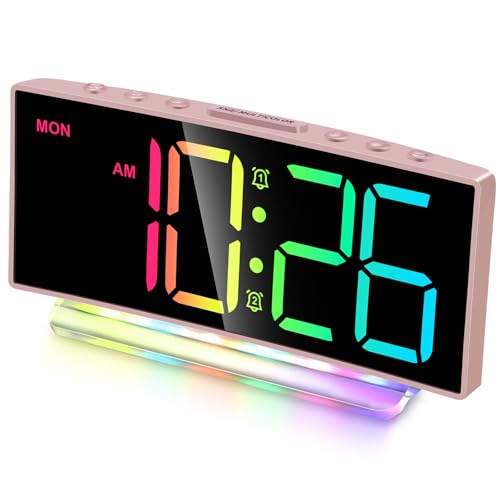 Cadmos Modern Curved Cute Digital Alarm Clock,Colorful Led Display,Adjustable Volume,Weekday/Weekend Mode,Simple Clock for Bedrooms Bedside,Ok to Wake Up for Girls,Kids,Teens (Pink+Dynamic) - Image 1