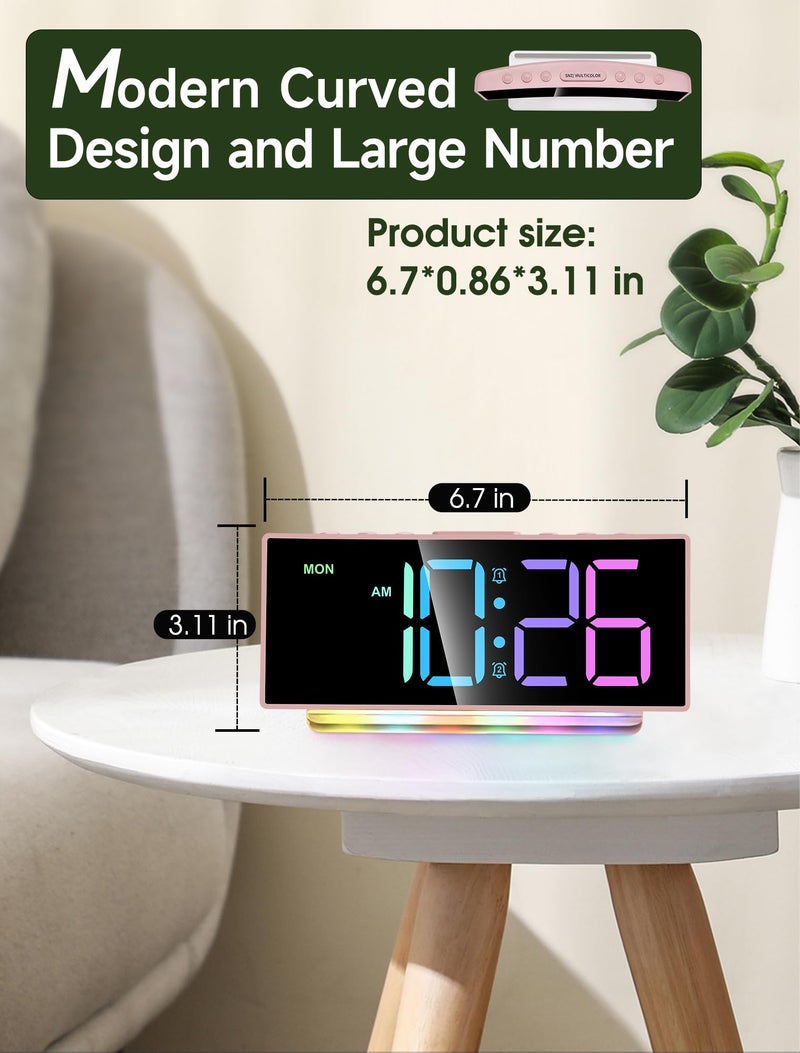 Cadmos Modern Curved Cute Digital Alarm Clock,Colorful Led Display,Adjustable Volume,Weekday/Weekend Mode,Simple Clock for Bedrooms Bedside,Ok to Wake Up for Girls,Kids,Teens (Pink+Dynamic) - Image 2