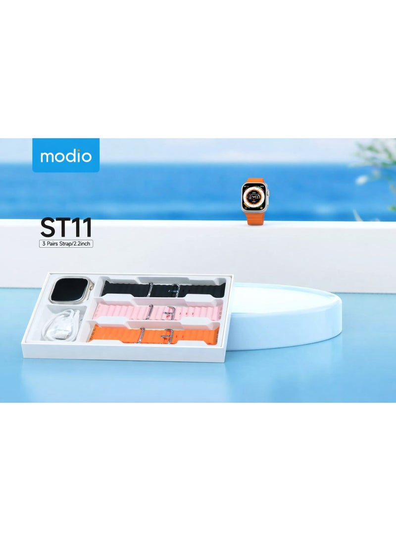 Modio ST11 Smart Watch with HD 2.2 Inch HD Screen - Supports Making and Receiving Calls - IP67 Waterproof - Supports Smart Notifications and Alerts - Supports Health Tracking Features and Sports Modes _ 3 Straps Attached to Switch - Image 4