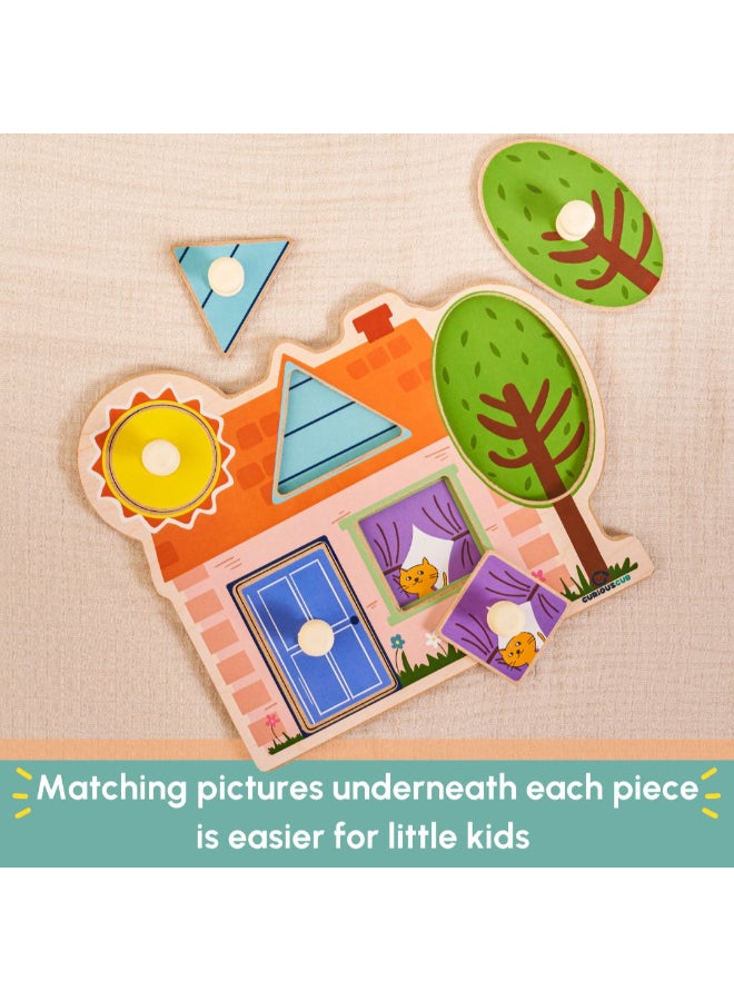 Curious Cub لعبة ألغاز شكل المنزل الخشبية مع دبابيس للأطفال - لعبة حسية لمطابقة الأشكال للأطفال الصغار - مقابض كبيرة لسهولة الإمساك - لعبة فرز للأطفال من 1.5 سنة فما فوق - هدية تعليمية - Image 1