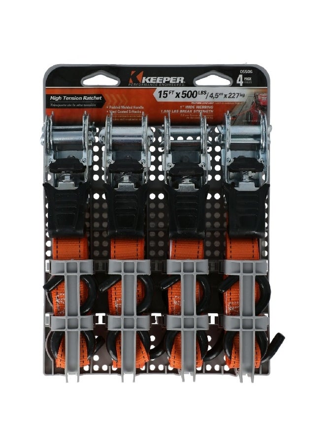 Keeper_Corporation 4-Piece Heavy Duty Ratchet Tie Down Straps With Vinyl-Coated Hooks Orange And Black 15 Ft 05506  - Image 2