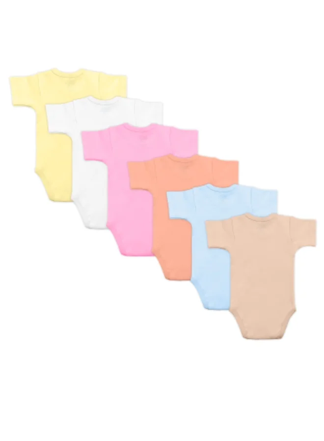 Babies Basic 100% Super Combed Cotton, Short Sleeves Romper/Bodysuit, For New Born To 24Months, Set Of 6 - Blue, Orange, Brown, Pink, Lemon, White