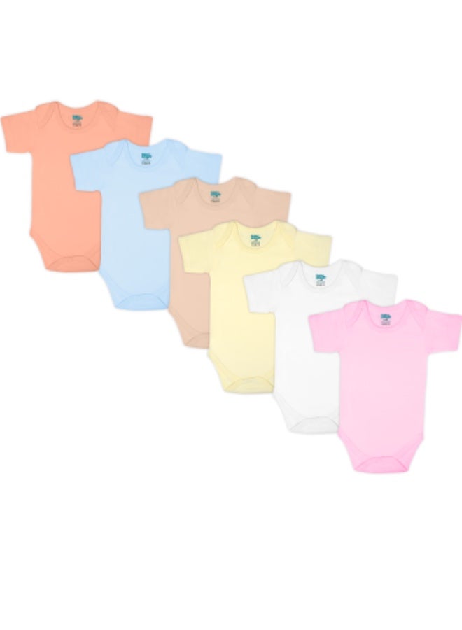 Babies Basic 100% Super Combed Cotton, Short Sleeves Romper/Bodysuit, For New Born To 24Months, Set Of 6 - Blue, Orange, Brown, Pink, Lemon, White  - Image 1