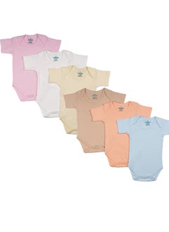 100% Super Combed Cotton, Short Sleeves Romper/Bodysuit, For New Born To 24Months, Set Of 6 - Blue, Orange, Brown, Pink, Lemon, White