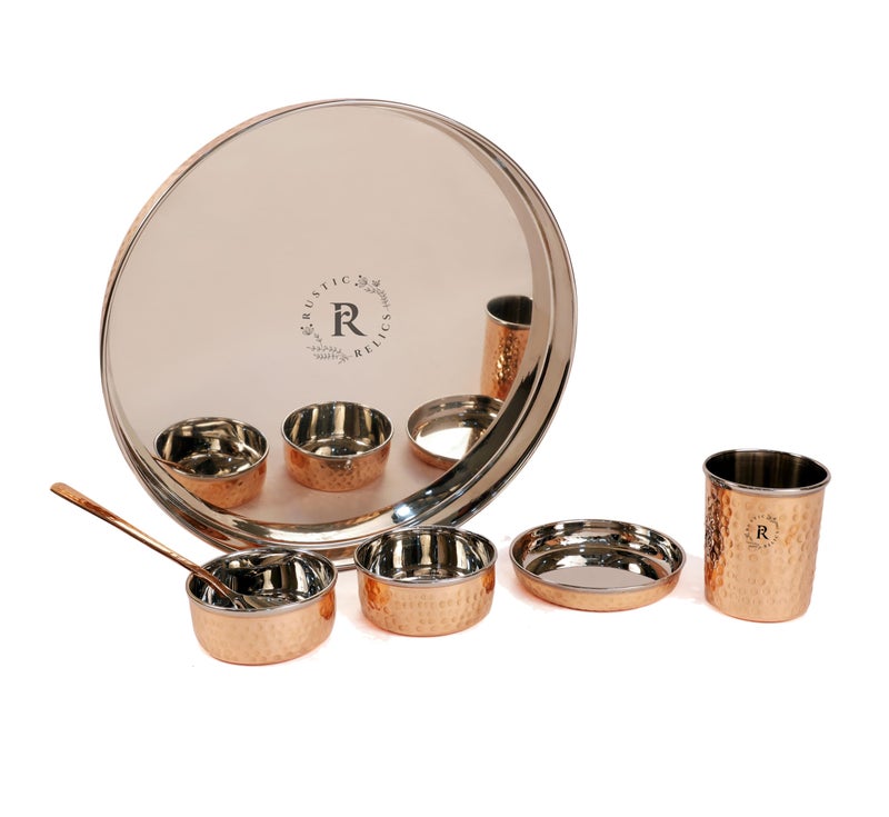 Rustic Relics Copper Hammered Thali Set - 6Pcs | Set Includes 1 Thali, 2 Bowls, 1 Flat Bowl, A Spoon and A Glass | Antique Hammered Designed Mixed Dinner Set | Perfect Gifting Dinner Set - Image 2