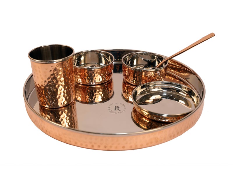 Rustic Relics Copper Hammered Thali Set - 6Pcs | Set Includes 1 Thali, 2 Bowls, 1 Flat Bowl, A Spoon and A Glass | Antique Hammered Designed Mixed Dinner Set | Perfect Gifting Dinner Set - Image 1