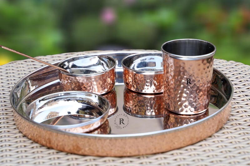 Rustic Relics Copper Hammered Thali Set - 6Pcs | Set Includes 1 Thali, 2 Bowls, 1 Flat Bowl, A Spoon and A Glass | Antique Hammered Designed Mixed Dinner Set | Perfect Gifting Dinner Set - Image 5