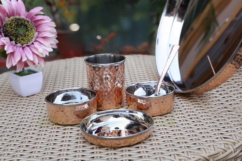 Rustic Relics Copper Hammered Thali Set - 6Pcs | Set Includes 1 Thali, 2 Bowls, 1 Flat Bowl, A Spoon and A Glass | Antique Hammered Designed Mixed Dinner Set | Perfect Gifting Dinner Set - Image 3
