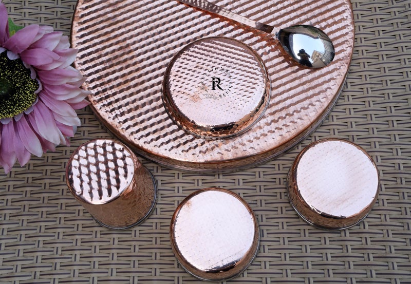 Rustic Relics Copper Hammered Thali Set - 6Pcs | Set Includes 1 Thali, 2 Bowls, 1 Flat Bowl, A Spoon and A Glass | Antique Hammered Designed Mixed Dinner Set | Perfect Gifting Dinner Set - Image 4