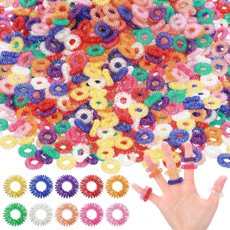 Nuogo 500 Pcs Acupressure Rings Spiky Sensory Finger Rings for Fingers Stress Relief Fidget Sensory Toys for Teens Adults Stress Reliever Massage