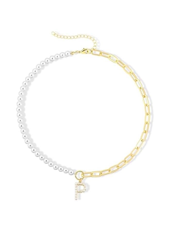 Pearl Initial Necklaces for Women Choker Necklace 14K Gold Plated Paperclip Link Chain Necklace Dainty Pearl Chain for Women Gold Jewelry valentines day gifts for her girlfriend wife - Image 1
