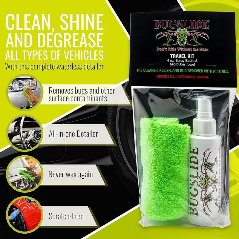 BugSlide Store 4 Oz Travel Kit with Cleaner with Microfiber Towel - Multisurface Cleaning and Car Detailing Solution That Shines and Degreases Your Car, Convenient Size for Travel - Image 3