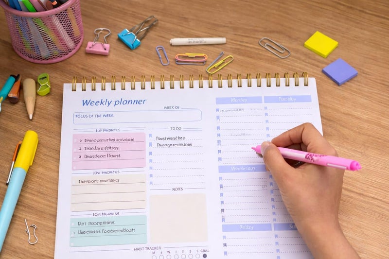 Awestuffs Weekly Planner Undated Notepad, with Habit Tracker and To-Do List Notepad for Priorities & Goals - 52 Sheets - (Premium Hardbound with Golden Spiral) (A4-28 x 23 cm) - Image 5