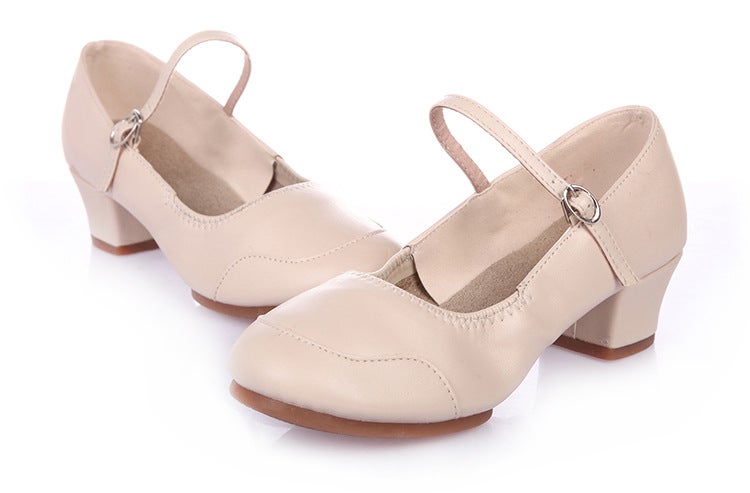 Generic Summer Square Dancing Shoes Womens Leather Mid-Heel Adult Social Dancing Shoes Middle-Aged Oxford Soft Sole Modern Dancing Shoes Rice white two-point bottom [shoe size is small]]