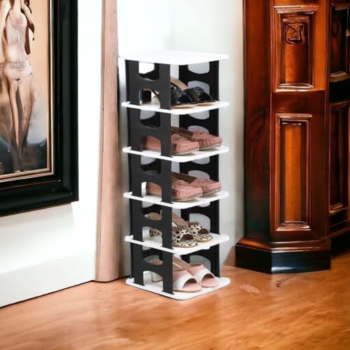 JEYANG Polypropylene 1 Pcs of 6 Tier Shoe Rack,Shoe Racks for Closet,Free-Combination Narrow Shoe Storage Organizer for Bedroom & Entryway,Space Saver Stackable Shoe Shelf,(1 Pcs of 6 Tier (Black)) - Image 1
