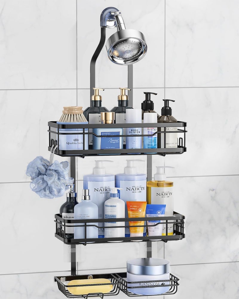 OMAIRA Shower Caddy Hanging with Soap Scrub Holder, Stainless Steel Sturdy Adjustable No-drill Non-Slip Large Capacity Over Shower Head Shower Rack Inside Shelves Bathroom Organizer and Storage, Black - Image 1