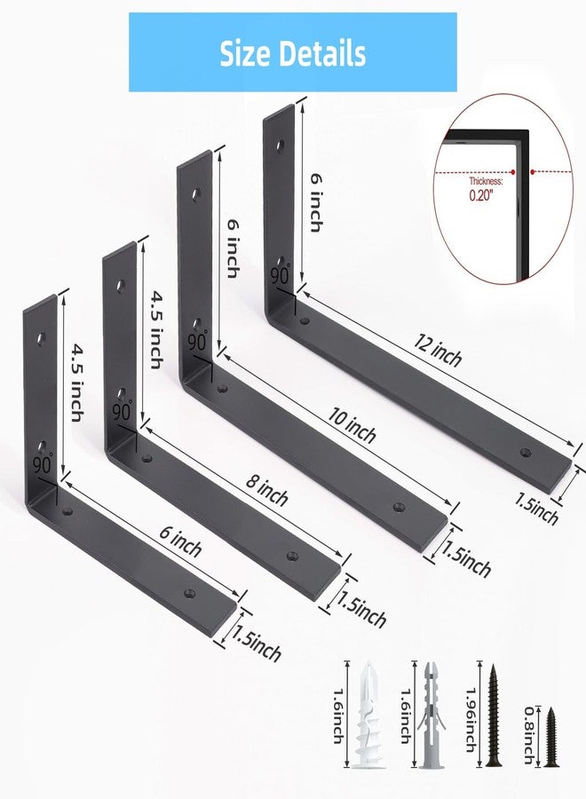 WEKIS 6-Pack Heavy Duty 12-Inch Black Shelf Brackets, L Shelf Bracket 12 Inch for Floating Shelves, 1/5-Inch Thick - Image 5
