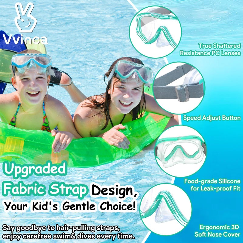 Vvinca Swim-Goggles with Nose Cover, 2 Packs Elastic Fabric Strap Snorkel Swim Mask Anti Fog UV No Pull Hair for Kids 3-14 - Image 2