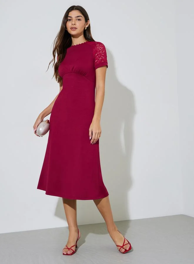 Red Solid Lace Short Sleeves A-Line Midi Dress