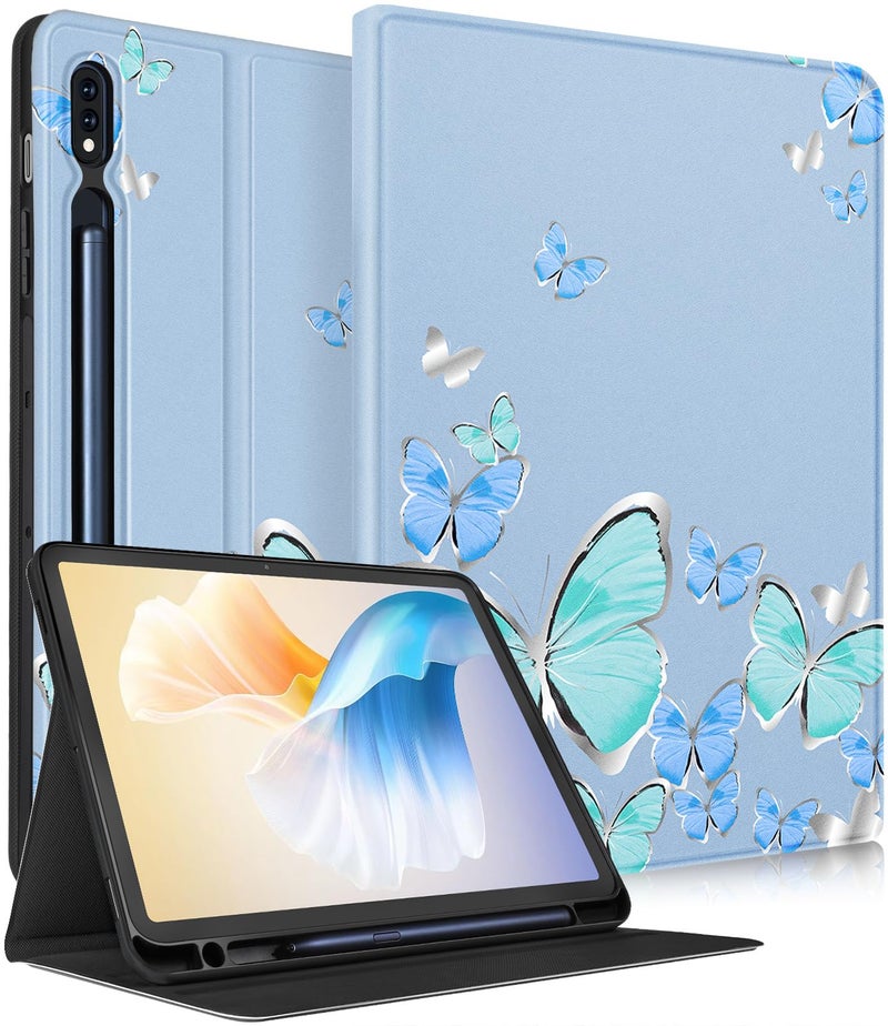 Wazzasoft for Samsung Galaxy Tab S9 Plus Case 124 Inch 2023 Folio Cover with Pencil Holder Cute Pretty Design Girly Kawaii Blue Butterfly Tablet Case