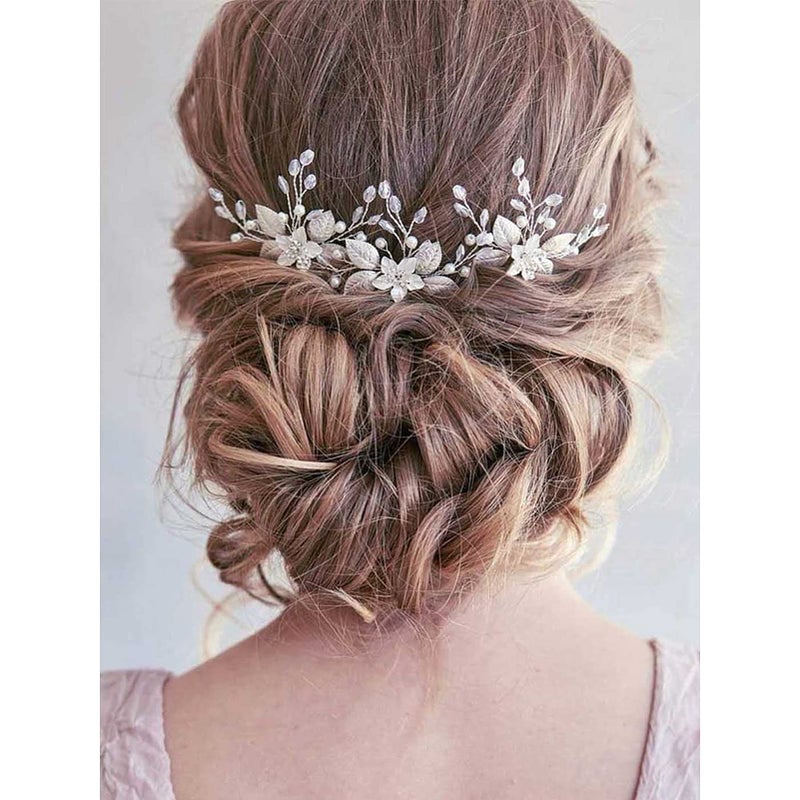 SONGQEE 3 PCS Bride Wedding Hair Pins Clips Silver Crystal Leaf Flower Pearls Headpieces Bridal Hair Jewelry Accessories for Women, Girl, Lady, Party Wedding Prom (Pearls & Leaves) - Image 2