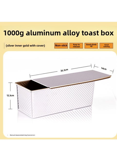 Toast Mold Non-stick 450g Bag Mold With Lid Surface Household Baking Oven Baking Bread Non-stick Toast Box-Specifications:1000g Silver Gold Aluminum Alloy Toast Box [corrugated With Lid]-Color:Default Items