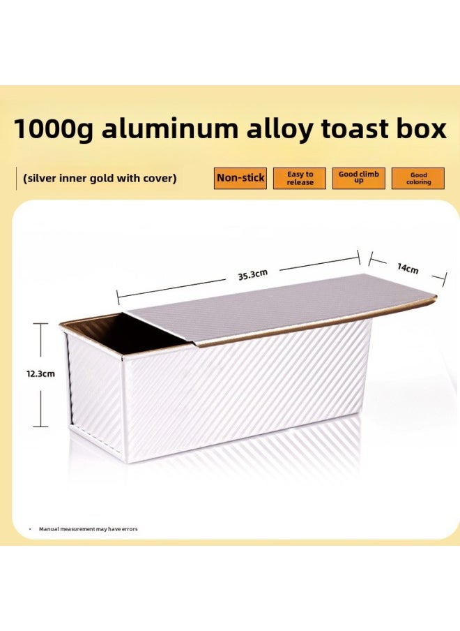 Toast Mold Non-stick 450g Bag Mold With Lid Surface Household Baking Oven Baking Bread Non-stick Toast Box-Specifications:1000g Silver Gold Aluminum Alloy Toast Box [corrugated With Lid]-Color:Default Items