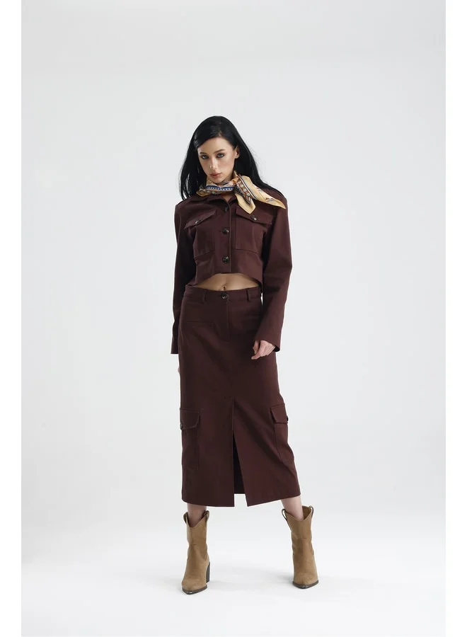 GACACOLLECTION EDESSA two-piece gabardine mini jacket and long skirt pocketed autumn set.