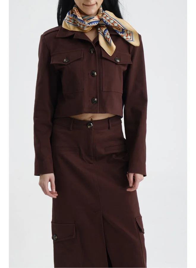 GACACOLLECTION EDESSA two-piece gabardine mini jacket and long skirt pocketed autumn set.